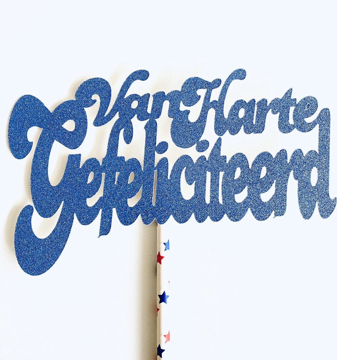 Taarttopper| Cake topper |Gefeliciteerd| Verjaardag| Hemels Blauw glitter|16 cm| karton